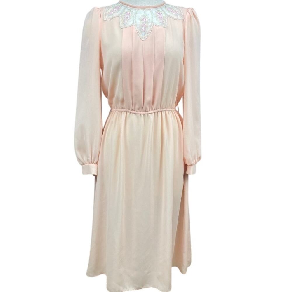 Vintage 80s Womens‎ (M) Dress Secretary Peach Midi Office Siren Blouson Floral